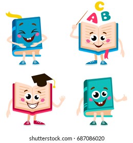 Set of funny book characters. Cartoon vector illustration isolated on white background. Cute books with smiling faces, arms and legs, school, education concept, design elements