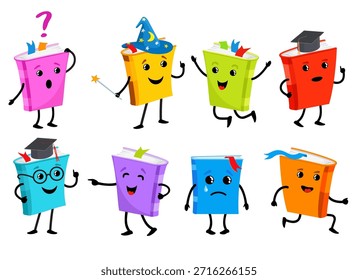 Conjunto de personagens engraçados do livro. Livros didáticos bonitos livros de literatura com o rosto triste olhos mãos, mascote de livro escolar engraçado, ilustração de ícone de vetor de desenhos infantis. Mascote de estudo de livros didáticos, educação literária