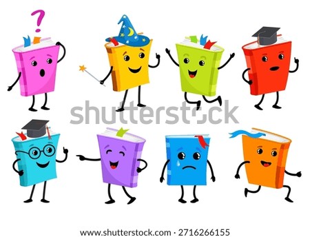 Set of funny book characters. Cute textbooks literature books with sad face eyes hands, funny school book mascot, childish cartoon vector  icon illustration. Textbook study mascot, literature education