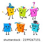 Set of funny book characters, mascots. Children's books with smiling faces, arms and legs, school, education concept, design elements. Cute cartoon vector illustration isolated on a white background.