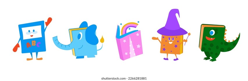 Set of funny book characters, mascots. Children s books with smiling faces, arms and legs, school, education concept, design elements. Cute cartoon vector illustration isolated on a white background.