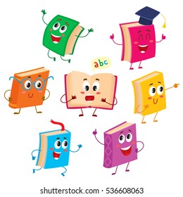 Set of funny book characters, mascots, cartoon vector illustration isolated on white background. Humanized, childish books with smiling faces, arms and legs, school, education concept, design elements