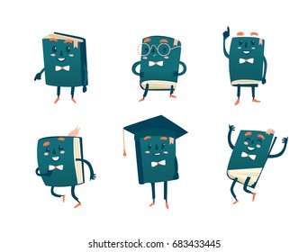 Set of funny book characters, mascots, cartoon vector illustration isolated on white background. Humanized, childish books with smiling faces, arms and legs, school, education concept, design elements