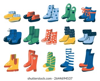 Set of funny children’s boots — autumn, spring, winter and rain footwear. Hand-drawn in playful style. Isolated design elements. For children’s clothing and footwear brands, kindergartens