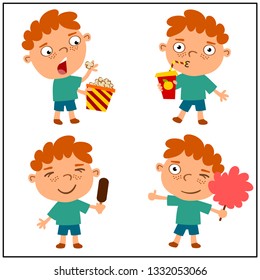 Set of funny boy in cartoon style eating sweets - popcorn, juice, ice cream and cotton candy isolated on white background.