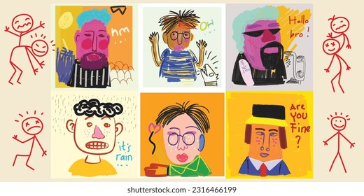 Conjunto de chavales graciosos, figura de retrato de hombre figura áspera ilustración de vector dibujada a mano.