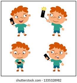 Set of funny boy with phone in different poses isolated on white background.