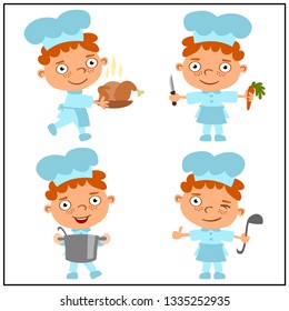 Set of funny boy-cook in various poses - with a turkey, pan, cutting knife and ladle, isolated on white background