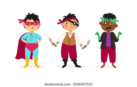 Set of funny boys in halloween costumes. Vector illustration. Happy and cute carnival kids. Pirate, frankenstein and super hero. Characters design. For stickers, kids design, holiday banners