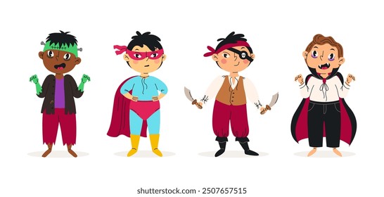 Conjunto de niños divertidos en disfraces de halloween. Ilustración vectorial. Niños felices y lindos del carnaval. Pirata, vampiro, frankenstein y superhéroe. Diseño de personajes. Para pegatinas, diseño de niños, Anuncios de vacaciones