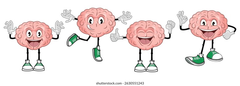 Set of funny brain characters in cartoon style. Vector illustration of cute brains with different emotions, poses, making faces: cheerful, showing super, okay signs isolated on white background.