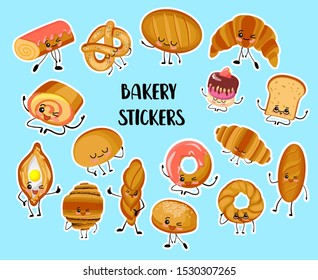 Set of funny bread, bakery characters with human faces stickers, smiling white, rye and whole grain bread, loaf, baguette, croissant, buns