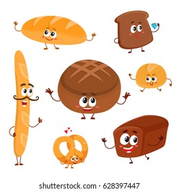 Set of funny bread, bakery characters with human faces, cartoon vector illustration isolated on a white background. Smiling white, rye and whole wheat bread, loaf, baguette, croissant, bun characters