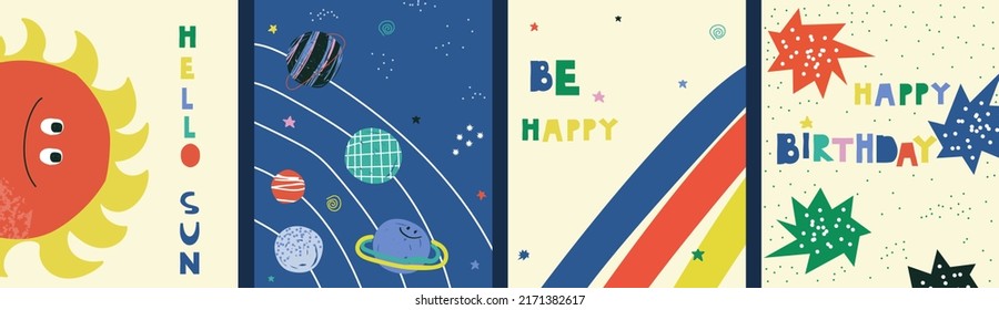 Set of funny bright childish cards or posters. Trendy cosmic typography banners. Vector hand drawn illustration.