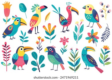 Set with funny bright exotic birds and flowers. Vector illustration in flat style. Decorative folklore elements. 