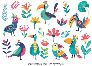 Set with funny bright exotic tropical fantasy birds and flowers. Vector illustration in flat style. Decorative folklore elements. 