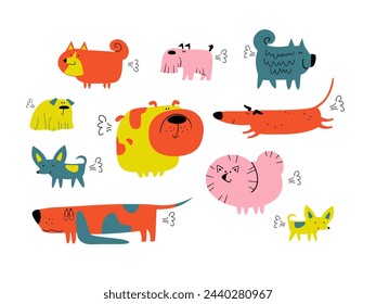 Set of funny bright farting dogs: lapdog, dachshund, basset, bulldog, terrier, spitz and others. Vector illustration .