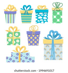 Set of funny bright gift boxes. Funny birthday presents in bright colors with bows. White isolated vector stock illustration EPS 10. 