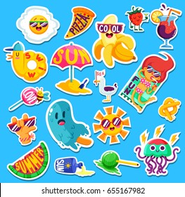 Set of funny bright Summer stickers and emblems. Vector illustration