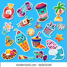 Set of funny bright Summer stickers and emblems. Vector illustration
