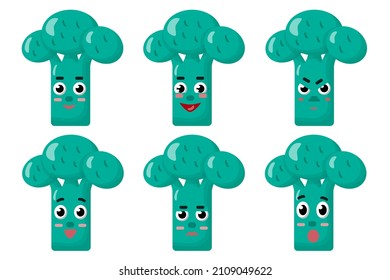 Set of funny broccoli characters - emotional intelligence. Collection of icons, in cartoon, flat style. Vector isolated on white background. The concept of a vegetable bundle of green broccoli.  Emoji