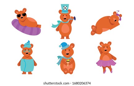Set of funny brown bears in different action situations. Vector illustration in flat cartoon style.