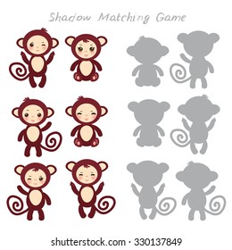 Set of funny brown monkey isolated on white background, Shadow Matching Game for Preschool Children. Find the correct shadow. Vector