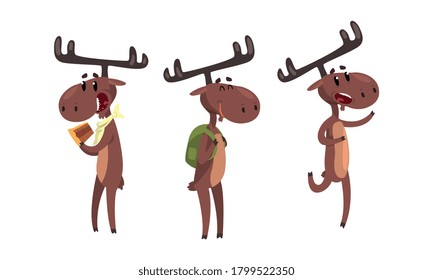 Set of Funny Brown Moose in Various Poses Set, Cute Wild Humanied Forest Animal Cartoon Character Cartoon Style Vector Illustration