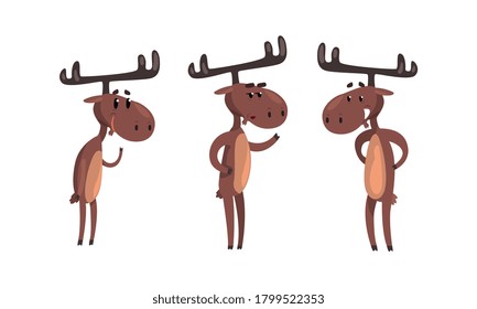 Set of Funny Brown Moose in Various Poses Set, Cute Wild Forest Animal Cartoon Character Standing on its Hind Legs Cartoon Style Vector Illustration