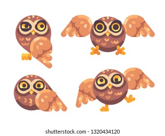 Set of funny brown owls flat illustration 