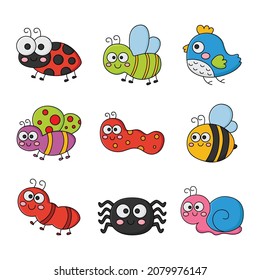 set of funny bugs. cartoon insects isolated on white background. illustration vector.