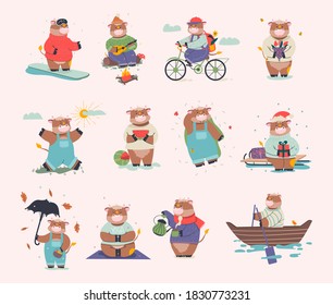 Set of funny bulls. Flat vector illustration.