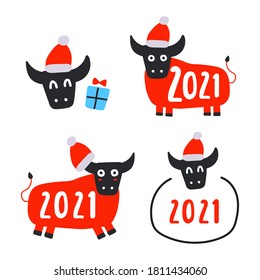 Set of funny bulls. New year 2021 concept. Vector icon illustrations for greeting card, t shirt, print, stickers, posters design.