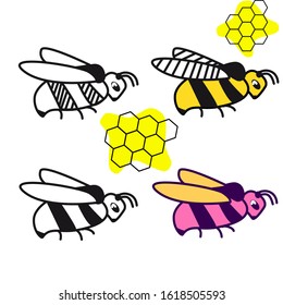 Set of funny bumblebees in vector. Color and black and white isolated on a white background