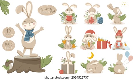 A set of funny bunnies in various poses. Elements and stickers for the holidays, Easter, New Year. Vector image of rabbits