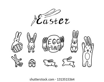 set with funny bunny and eggs. lettering and hand drawn elements. 