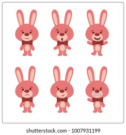 Set funny bunny rabbit in cartoon style isolated on white background.