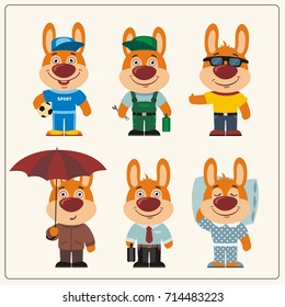 Set funny Bunny Rabbit in different clothing: sportsman, worker, manager, summer, autumn, sleepwear in cartoon style.