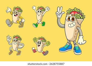 Set of Funny Burrito Mexican Food Cartoon Characters in Retro 70s Illustration