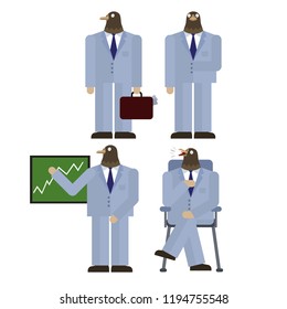Set of funny businessman with a bird head, sitting, standing, talking