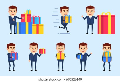 Set of funny businessman characters with gift boxes posing in various situations. Cheerful man holding present, running and showing other actions. Simple vector illustration
