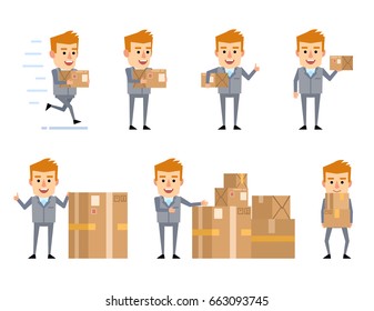 Set of funny businessman characters posing with parcel box in diverse situations. Cheerful businessman holding package, running and showing other actions. Simple vector illustration