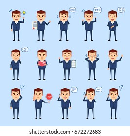 Set of funny businessman characters showing various actions, emotions. Cheerful businessman talking on phone, surprised, angry and showing other emotions. Simple vector illustration