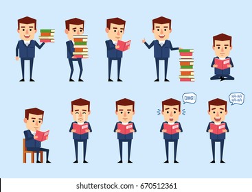 Set of funny businessman posing with books in diverse situations. Cheerful businessman reading a book, sitting, surprised, crying and showing other actions. Simple vector illustration