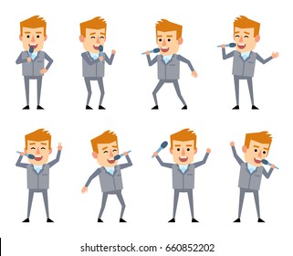 Set of funny businessman singing in diverse poses. Singing competition contestant holds microphone and sings. Flat vector illustration