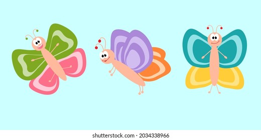 A set of funny butterflies with funny faces. Cartoon character. Isolated illustration for design.