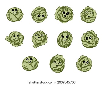 Set of funny cabbage heads with eyes and mouths. Vector Natural Emoji