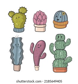 A set of funny cacti. Character. Bright. All objects are separated. Vector illustration.