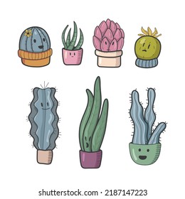 A set of funny cacti. Character. Bright. All objects are separated. Vector illustration.
