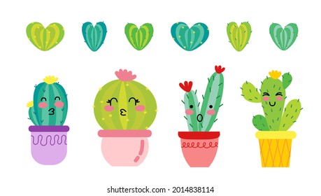 A set of funny cacti in pots and cactus hearts. For use in printing, postcards, textiles. Vector illustration.